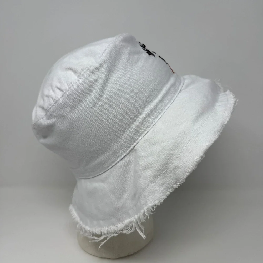 Malibu Palm Tree White‎ Cotton Bucket Hat Frayed Brim Distressed Summer Small